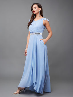 Miss Chase - Women's Powder Blue V-Neck Ruffled Sleeve Embellished Maxi Party Dress