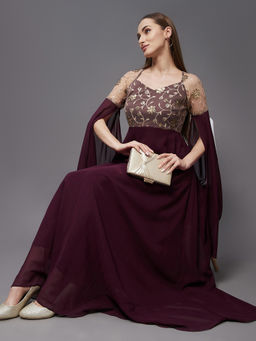 Miss Chase - Women Wine V-Neck Flared Long Sleeve Embroidered Fit & Flare Maxi Dress