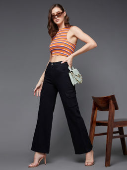 Miss Chase - Womens Black Wide Leg High Rise Patch Pocketed Stretchable Denim Jeans