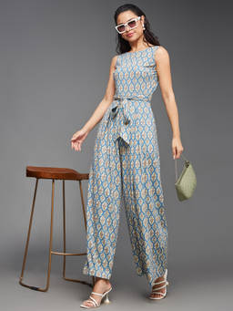 Miss Chase - Women's Multicolored-Base-Off White Boat Neck Bohemian Pleated Jumpsuit