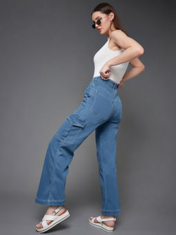 Miss Chase - Women's Blue Wide leg High rise Clean look Regular Stretchable Denim Jeans