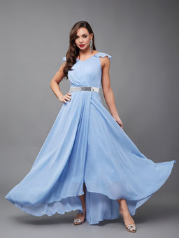 Miss Chase - Women's Powder Blue V-Neck Ruffled Sleeve Embellished Maxi Party Dress