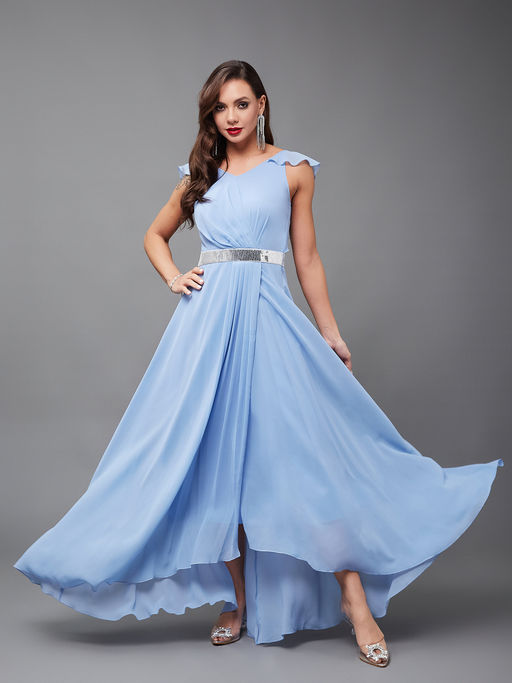 Buy Miss Chase Women's Powder Blue V-Neck Ruffled Sleeve Embellished Maxi  Party Dress Online