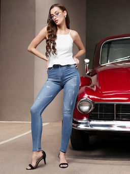 Miss Chase - Womens Blue Skinny High Rise Mild Distress Stretchable Denim Jeans