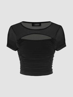 Cider - Mesh Ruched Cut Out Crop Tee