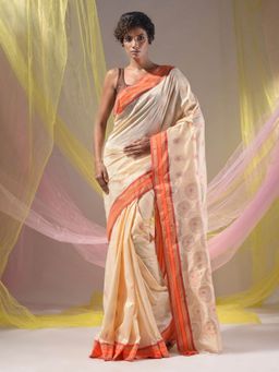 CHARUKRITI - Cream Silk Matka Paisley Motifs Soft Saree with Unstitched Blouse