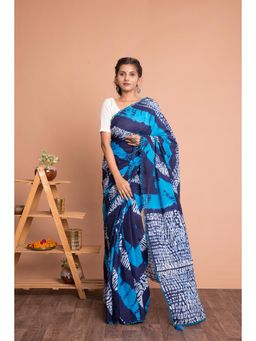 KISHORI - Shibori Tie & Dye Cotton Mulmul Saree with Unstitched Blouse - Blue