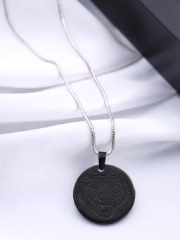 VIRAASI - Men Silver-Toned Lion Engraved Black Pendant with Chain