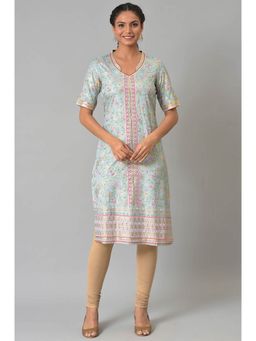 Aurelia - Ice Blue Floral Print Sequined Liva Kurta