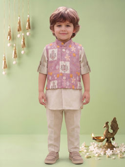 ETHNIKS NEURON - Pink Linen Floral Long Sleeves Kurta With Pyjama & Jacket