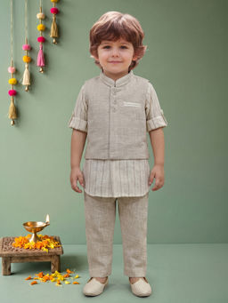 ETHNIKS NEURON - Beige Linen Stripes Long Sleeves Kurta With Pyjama & Jacket