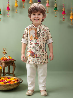 ETHNIKS NEURON - Cream Pure Cotton Floral Mandarin Collar Long Sleeves Kurta With Pyjama