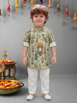 ETHNIKS NEURON - Green Pure Cotton Floral Mandarin Collar Long Sleeves Kurta With Pyjama