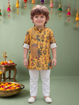 ETHNIKS NEURON - Mustard Pure Cotton Floral Long Sleeves Kurta With Pyjama