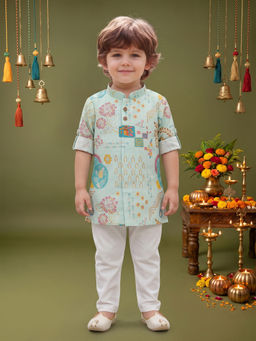 ETHNIKS NEURON - Blue Pure Cotton Ethnic Motifs Long Sleeves Kurta With Pyjama