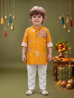ETHNIKS NEURON - Gold Pure Cotton Ethnic Motifs Long Sleeves Kurta With Pyjama