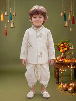 ETHNIKS NEURON - Cream Raw Silk Animal Mandarin Collar Long Sleeves Kurta With Pyjama
