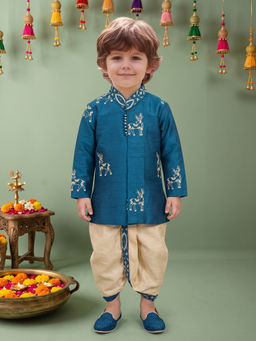 ETHNIKS NEURON - Blue Raw Silk Animal Mandarin Collar Long Sleeves Kurta With Pyjama