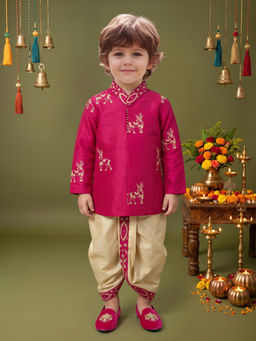 ETHNIKS NEURON - Pink Raw Silk Animal Mandarin Collar Long Sleeves Kurta With Pyjama