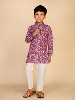 Pro Ethic Style Developer - Purple Cotton Full Sleeve Floral Kurta Pyjama For Kids