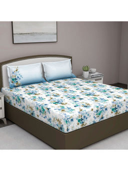 GM - Blue Floral 180 Tc Cotton Queen Bedsheet With 2 Pillow Covers