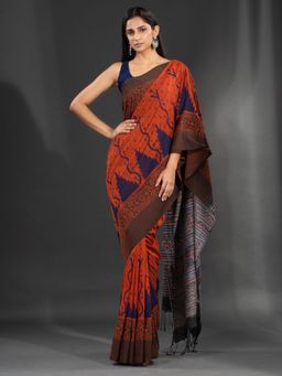 CHARUKRITI - Brick Red Handspun Cotton Hand Woven Soft Saree with Kotki Design with Unstitched Blouse