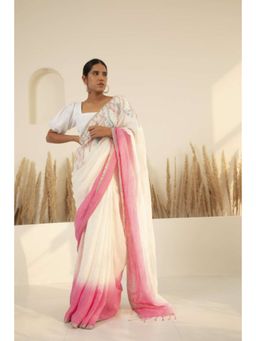 KAVANA - Kriya White Embroidered Linen Saree with Unstitched Without Blouse