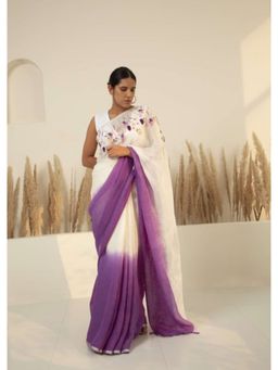 KAVANA - Women White Embroidered Eka Linen Saree with Unstitched Without Blouse