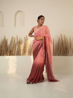 KAVANA - Women Floral Pink Tapas Linen Saree with Unstitched Without Blouse