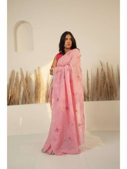 KAVANA - Kush Linen Pink Embroidered Saree with Unstitched Without Blouse