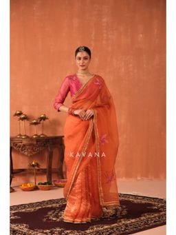 KAVANA - Women Floral Orange Ritu Organza Saree
