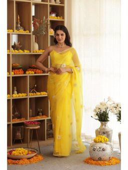 Ensembles - Daisy Yellow Hand-Embroidered Silk Organza Saree With Unstitched Blouse