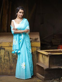 Ethnic Elements - Women Blue Cotton Saree Without Blouse