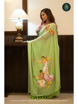 Ethnic Elements - Women Green Mul Cotton Saree Without Blouse