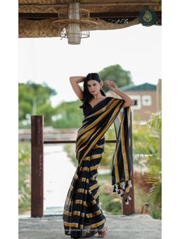 Ethnic Elements - Women Black Mul Cotton Saree Without Blouse