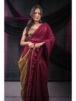 Ethnic Elements - Women Maroon Mul Cotton Saree with Unstitched Blouse