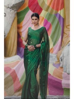 Ethnic Elements - Women Green Cotton Saree Without Blouse