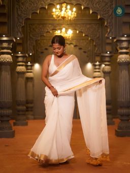 Ethnic Elements - Women White Mul Cotton Saree with Unstitched Blouse