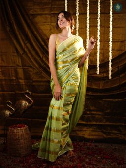 Ethnic Elements - Women Green Mul Cotton Saree Without Blouse