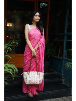Ethnic Elements - Women Pink Mul Cotton Saree Without Blouse