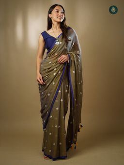 Ethnic Elements - Women Olive Mul Cotton Saree Without Blouse