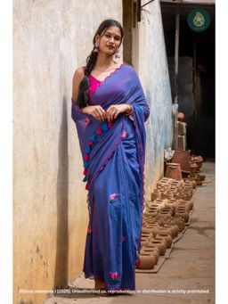 Ethnic Elements - Women Blue Mul Cotton Saree Without Blouse