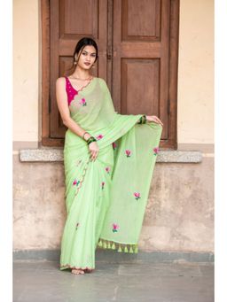Ethnic Elements - Women Green Mul Cotton Saree Without Blouse