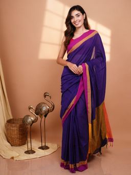 Ethnic Elements - Women Purple Mul Cotton Saree Without Blouse