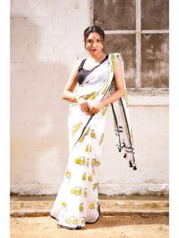 Ethnic Elements - Women White Mul Cotton Saree with Unstitched Blouse