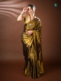 Ethnic Elements - Women Gold Mul Cotton Saree with Unstitched Blouse