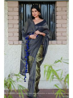 Ethnic Elements - Women Olive Mul Cotton Saree Without Blouse