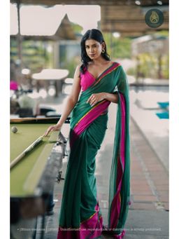 Ethnic Elements - Women Green Mul Cotton Saree Without Blouse