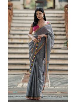 Ethnic Elements - Women Grey Mul Cotton Saree Without Blouse