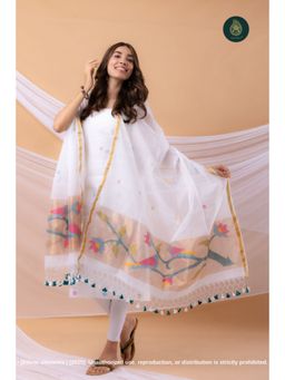 Ethnic Elements - Women White Birds Paithani Muslin Jamdani Dupatta